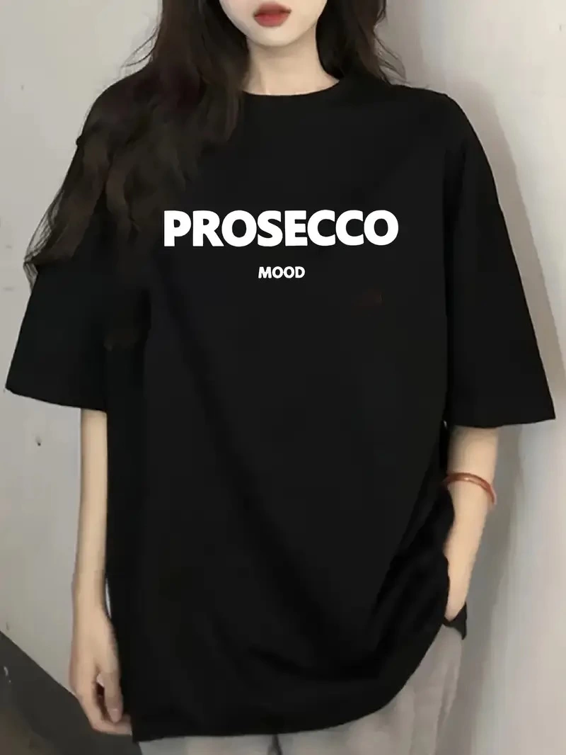 Kadın Kısa Kol Yazlık Tişört Bisiklet Yaka Baskılı Oversize T-Shirt – Siyah