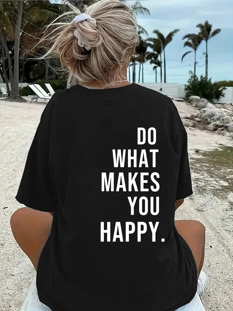 Kadın Kısa Kol Yazlık Tişört Bisiklet Yaka Baskılı Oversize T-Shirt – Siyah