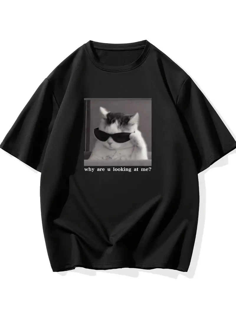 Erkek T-Shirt Komik Kedi Baskılı kısa kol Tişört – Siyah