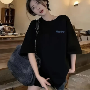 Kadın Tişört Newtro Baskılı Oversize Bisiklet Yaka T-shirt – Siyah