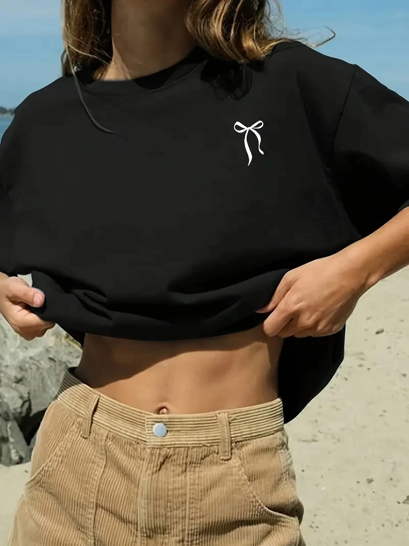 Kadın Tişört fiyonk baskılı Bisiklet yaka yazlık Kısa Kol oversize t-shirt – Siyah