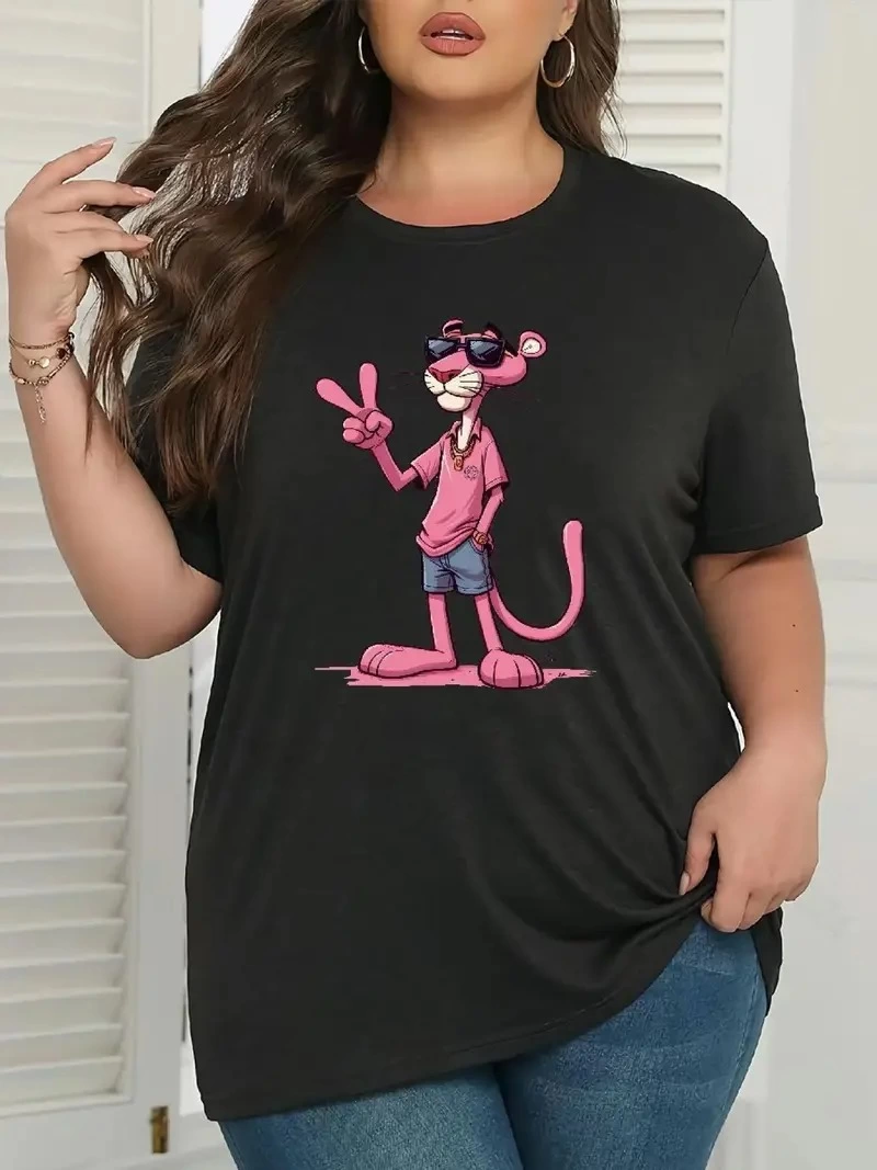 Kadın Tişört Pembe Panter Baskılı Bisiklet Yaka Kısa Kol T-shirt – Beyaz
