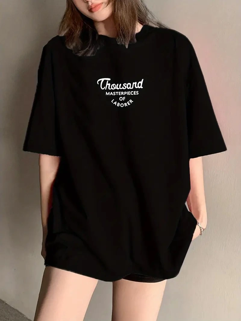 Kadın Baskılı Tişört Bisiklet yaka yazlık Kısa Kol oversize t-shirt – Siyah