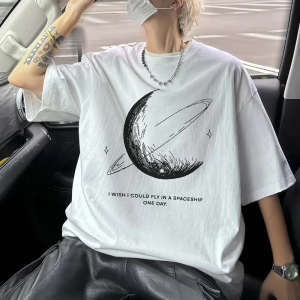 Erkek Baskılı Tişört Kısa Kol Bisiklet Yaka Oversize T-Shirt – Beyaz