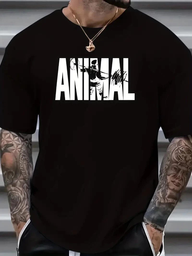 Erkek ANIMAL Baskılı Tişört Bisiklet YakaYazlık T-shirt – Siyah