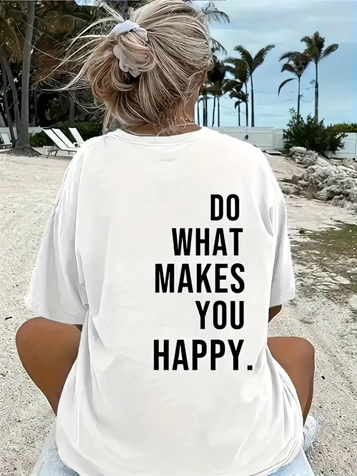Kadın Kısa Kol Yazlık Tişört Bisiklet Yaka Baskılı Oversize T-Shirt – Beyaz