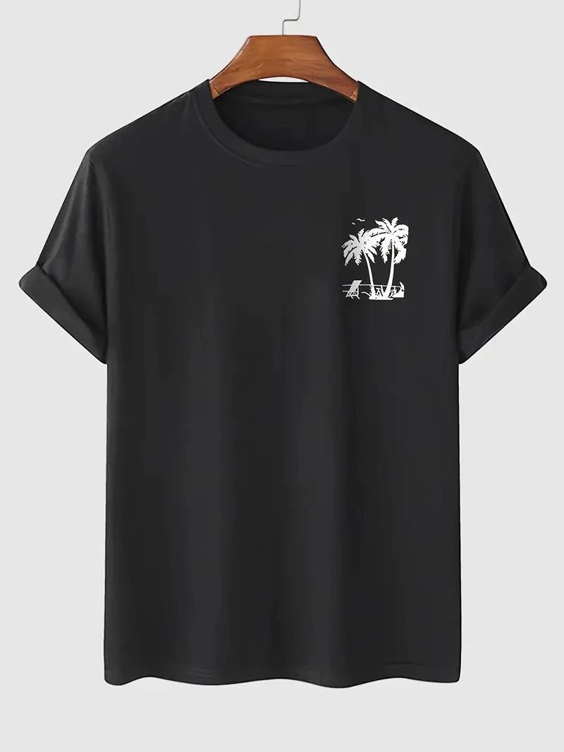 Erkek Kısa Kol Yazlık Tişört Bisiklet Yaka Palmiye Baskılı T-Shirt – Siyah