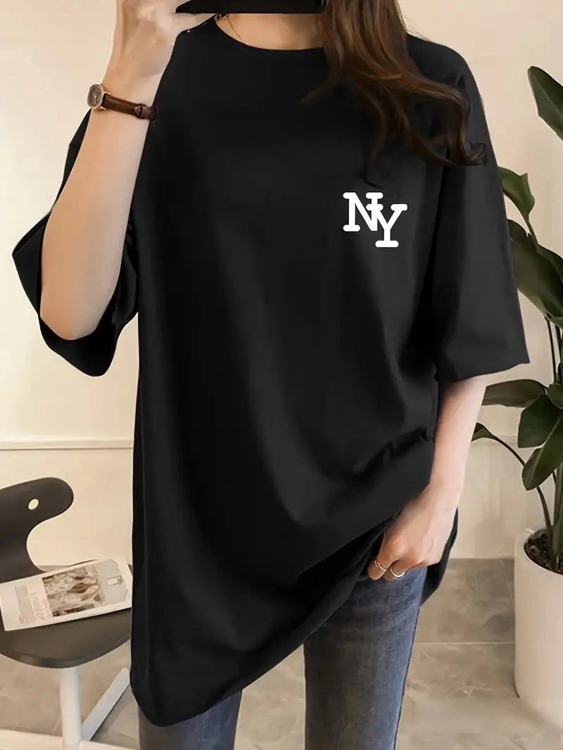Kadın T-shirt Bisiklet yaka NY Baskılı kısa kol Tişört – Siyah