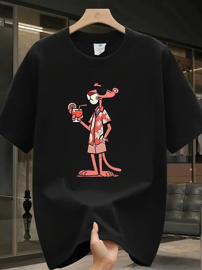 Erkek T-Shirt Pembe Panter Baskılı Kısa Kollu Tişört – Siyah