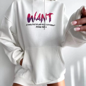 Kadın Oversize Kapüşonlu Cepli WANT Baskılı 3 İplik Pamuklu Hoodie Sweatshirt – Beyaz