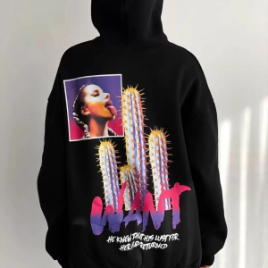 Kadın Oversize Kapüşonlu Cepli WANT Baskılı 3 İplik Pamuklu Hoodie Sweatshirt – Siyah