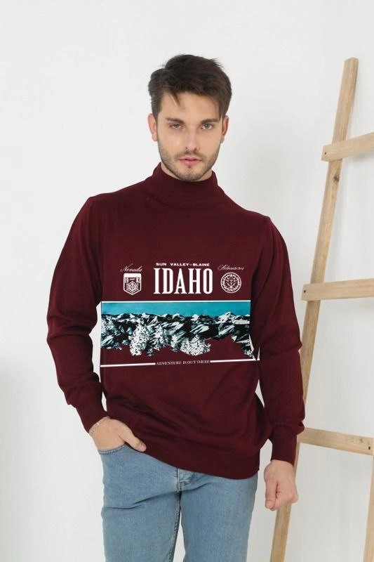 Erkek Yarım Bağazlı Kazak Baskılı Dokuma Triko – Bordo