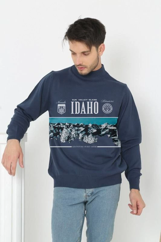 Erkek Yarım Bağazlı Kazak Baskılı Dokuma Triko – Indigo