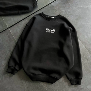 Kadın Bisiklet Yaka 3 İplik pamuklu Baskılı Oversize SweatShirt – Siyah