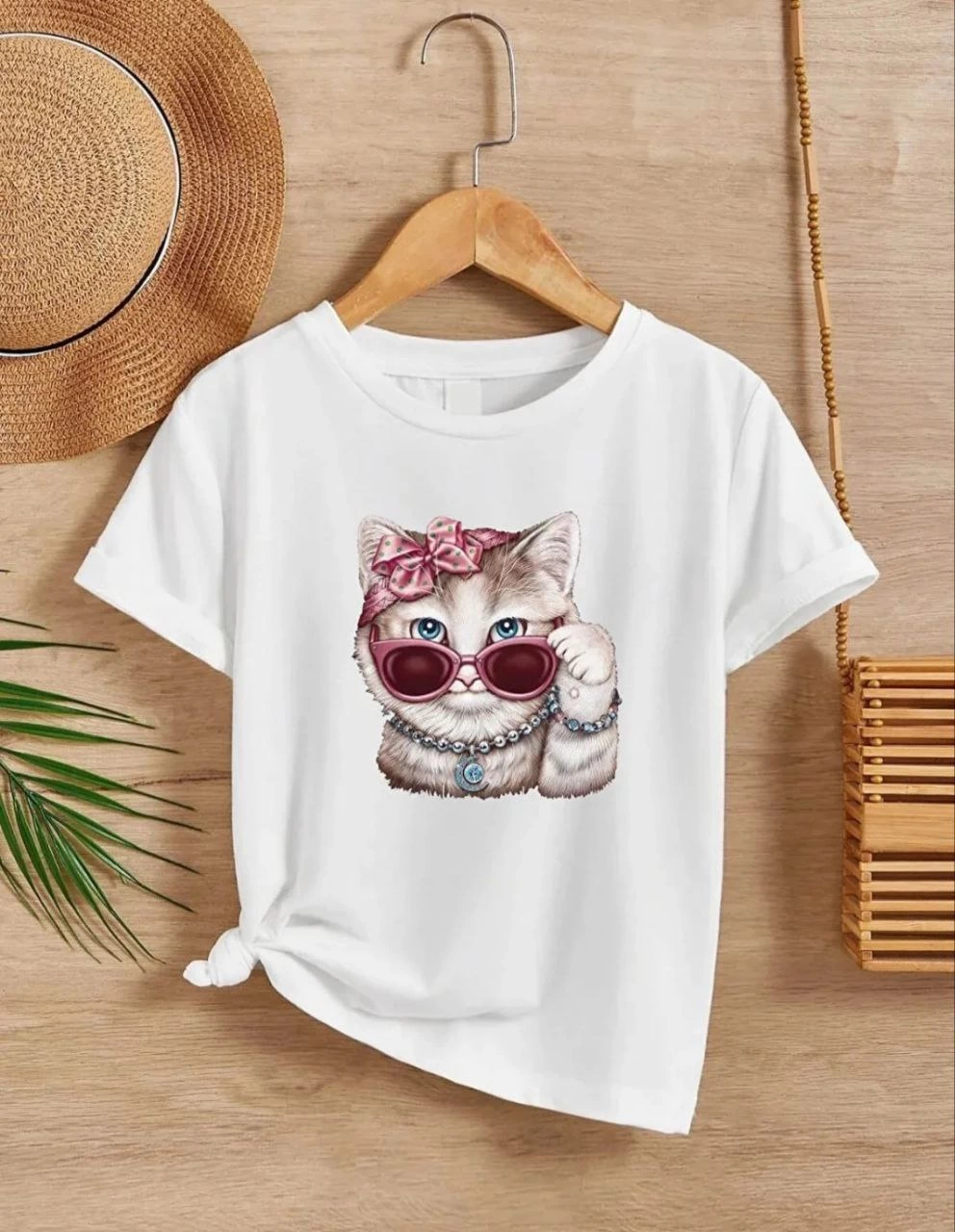 Kız Çocuk Bisiklet Yaka Baskılı T-Shirt – Beyaz