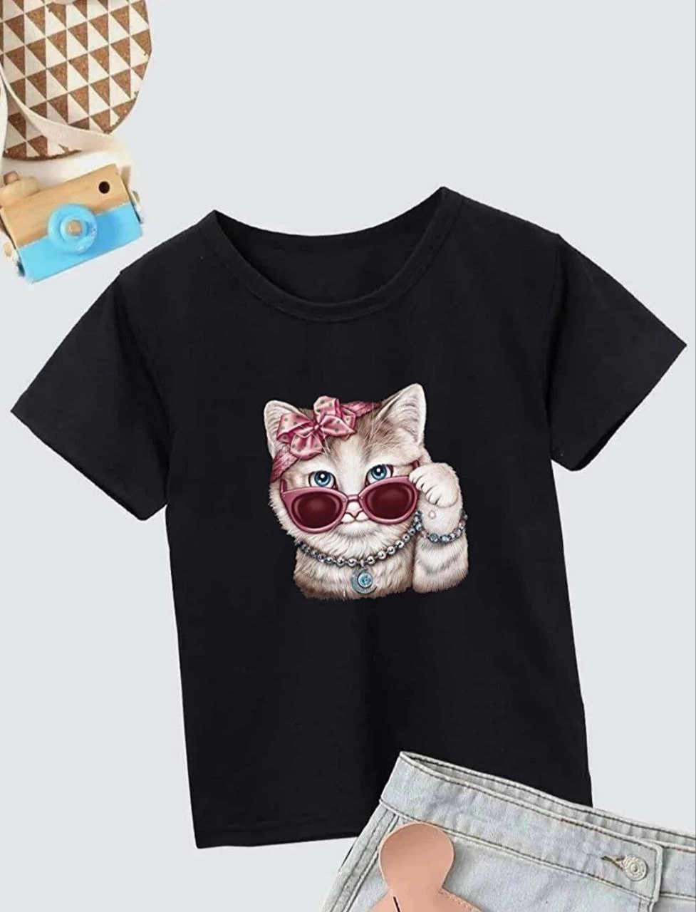 Kız Çocuk Bisiklet Yaka Baskılı T-Shirt – Siyah