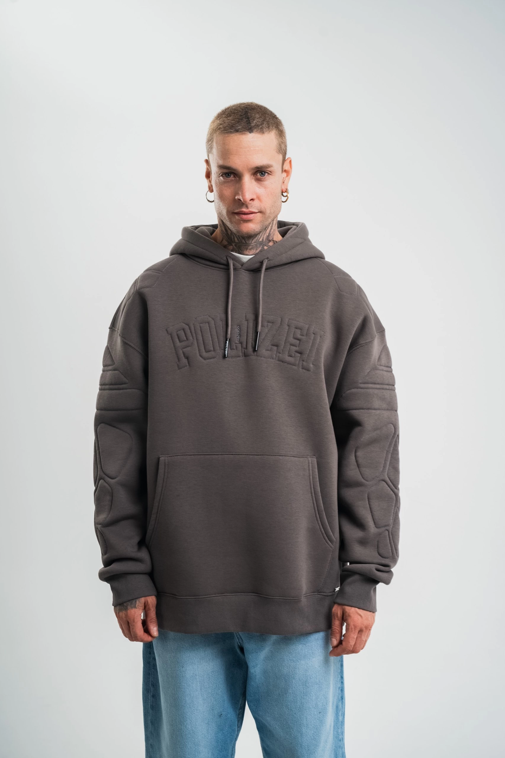 Erkek Nakışlı Kapüşonlu Oversize 3 İplik Pamuklu SweatShirt Hoodie – Füme