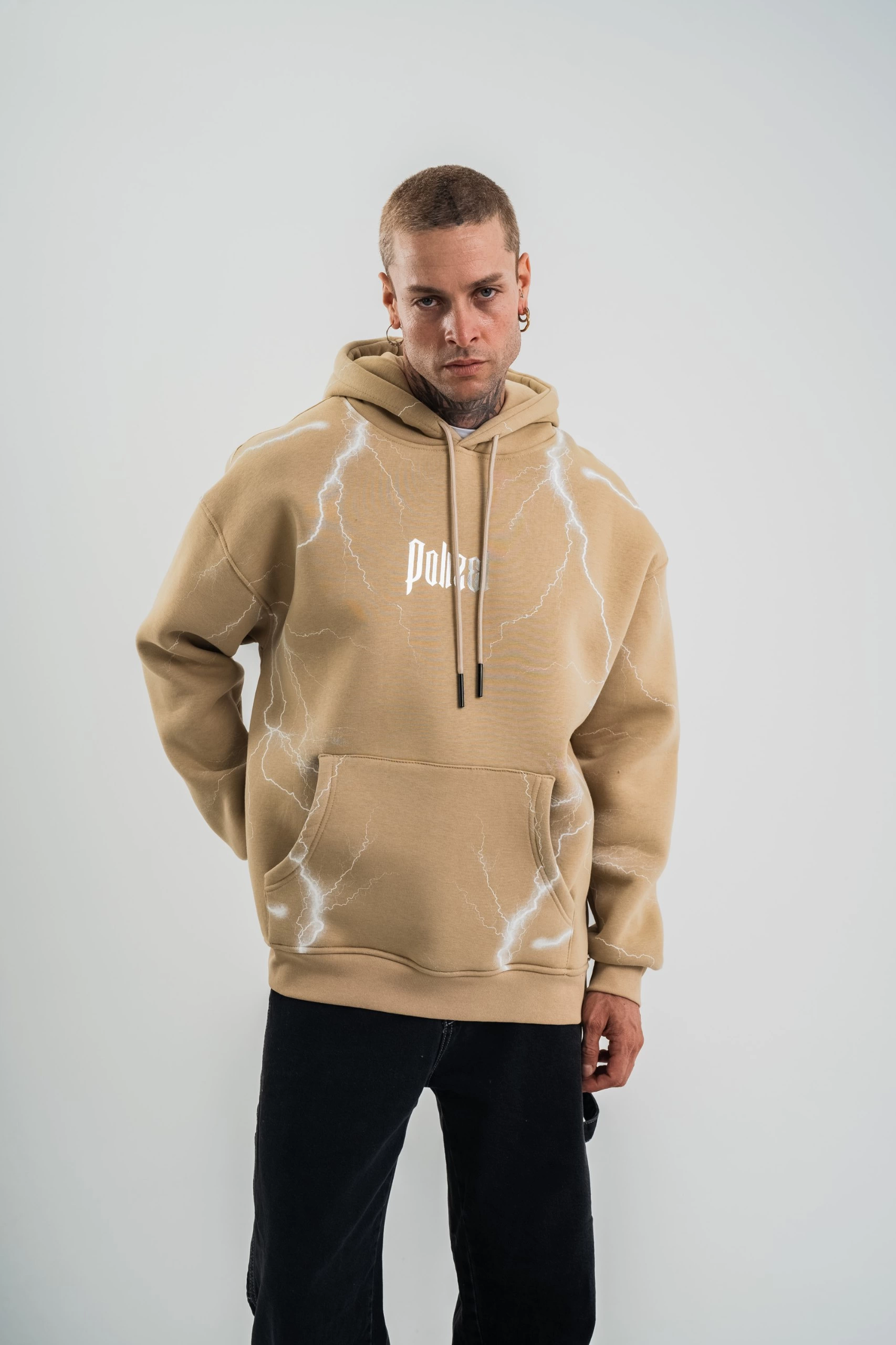 Erkek Baskılı Kapüşonlu Oversize 3 İplik Pamuklu SweatShirt Hoodie – Füme