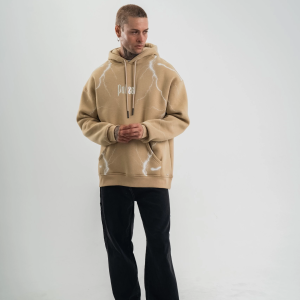 Erkek Baskılı Kapüşonlu Oversize 3 İplik Pamuklu SweatShirt Hoodie – Füme