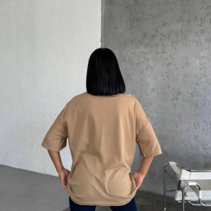 Kadın Düz T-Shirt Kısa Kol Bisiklet Yaka Oversize Rahat Kalıp Günlük Tişört – Bej