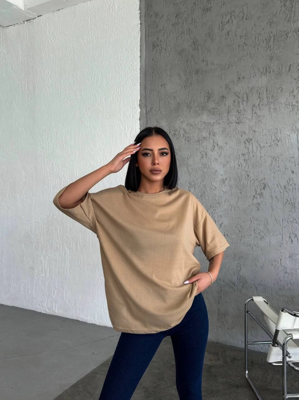 Kadın Düz T-Shirt Kısa Kol Bisiklet Yaka Oversize Rahat Kalıp Günlük Tişört – Bej