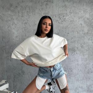Kadın Düz T-Shirt Kısa Kol Bisiklet Yaka Oversize Rahat Kalıp Günlük Tişört – Beyaz