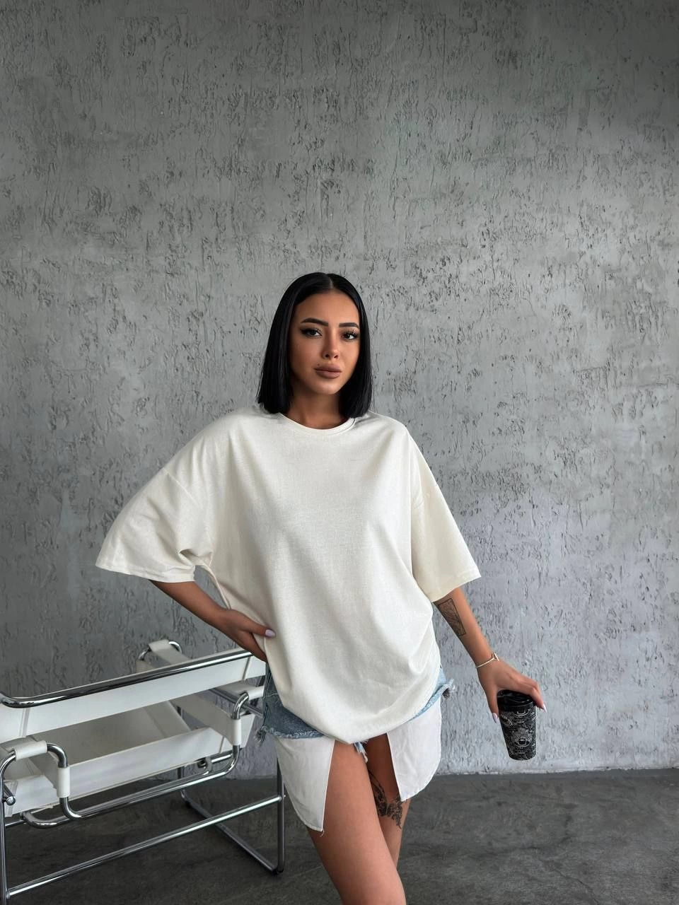 Kadın Düz T-Shirt Kısa Kol Bisiklet Yaka Oversize Rahat Kalıp Günlük Tişört – Beyaz