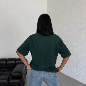 Kadın Düz T-Shirt Kısa Kol Bisiklet Yaka Oversize Rahat Kalıp Günlük Tişört – Haki