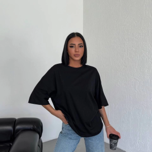Kadın Düz T-Shirt Kısa Kol Bisiklet Yaka Oversize Tişört – Siyah