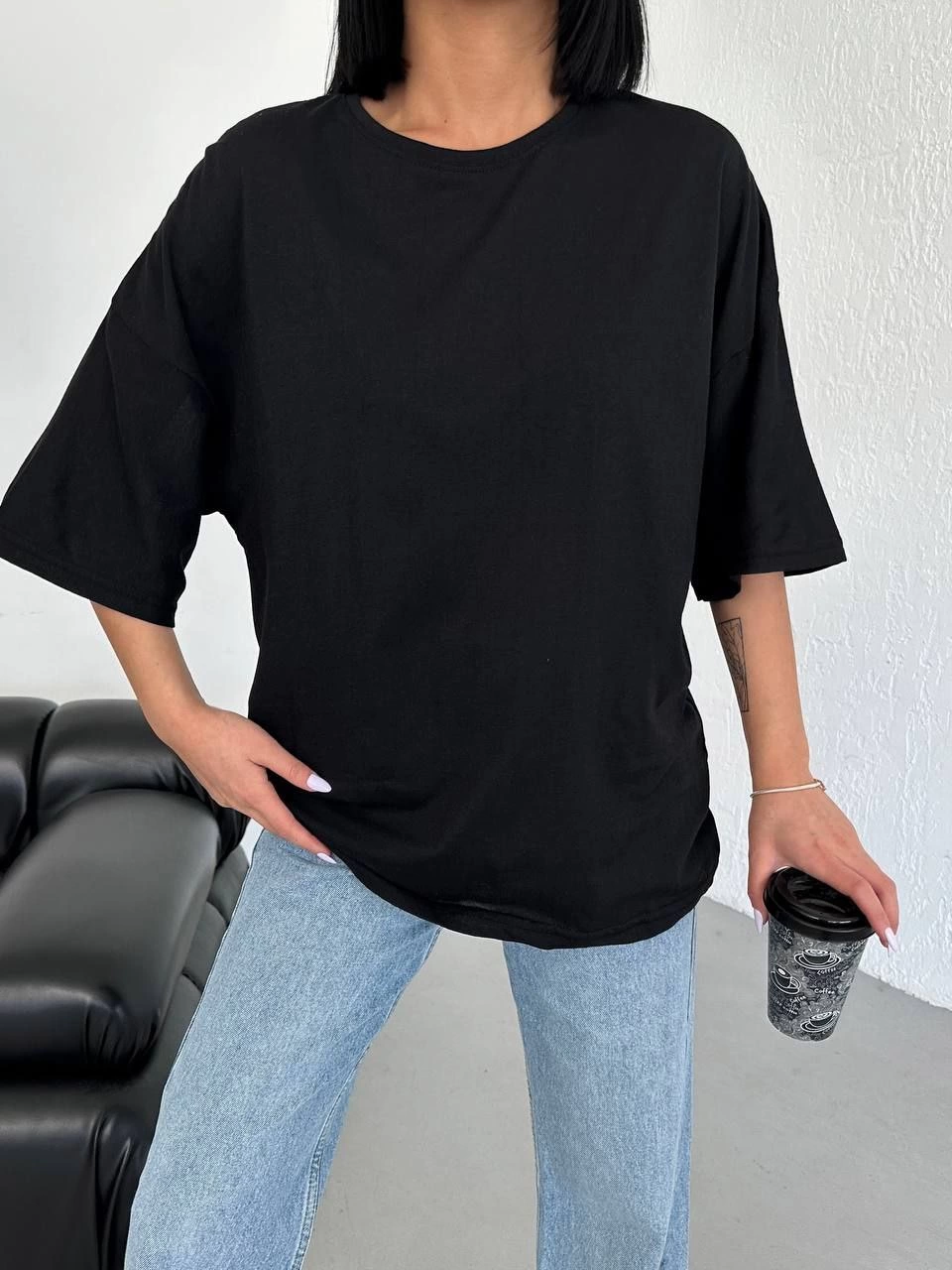 Kadın Düz T-Shirt Kısa Kol Bisiklet Yaka Oversize Tişört – Siyah