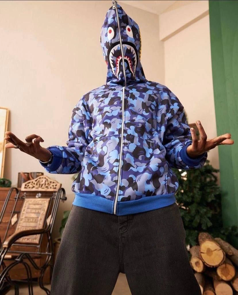 Erkek 2 İplik Bape Kapüşonu Fermuarlı Hırka - Mavi - Image 2