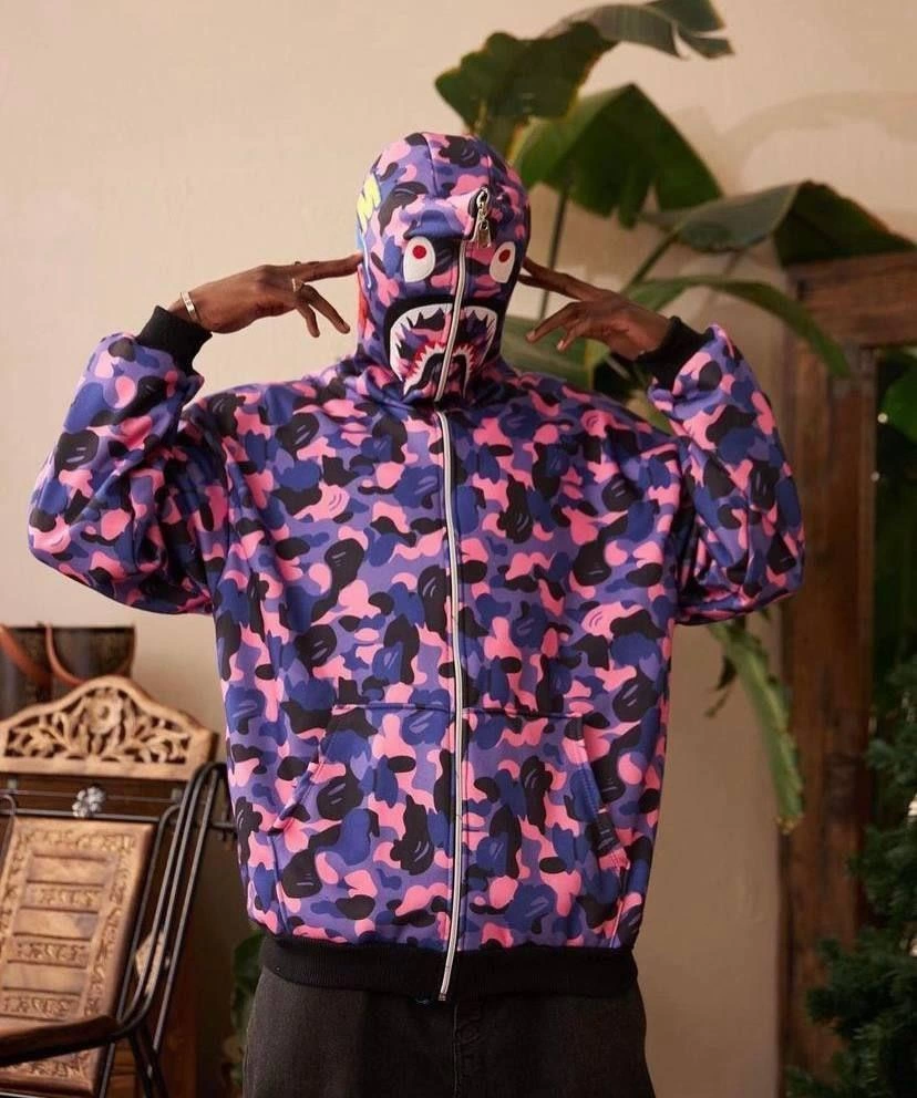 Erkek 2 İplik Bape Kapüşonu Fermuarlı Hırka - Mor - Image 2