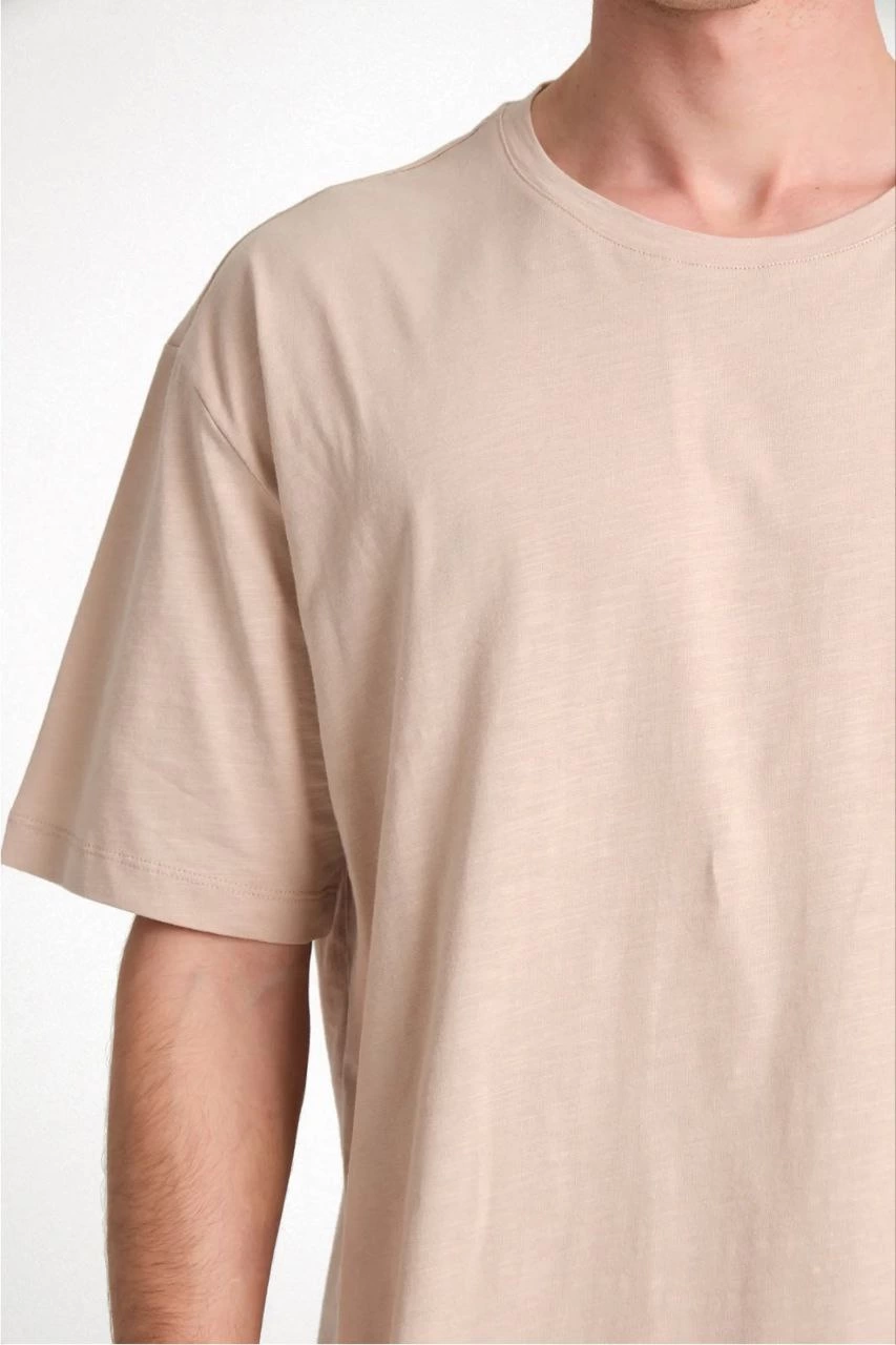 Erkek Düz Penye Tişört Bisiklet Yaka Kısa Kol Regular Fit T-Shirt - Bej - Image 3