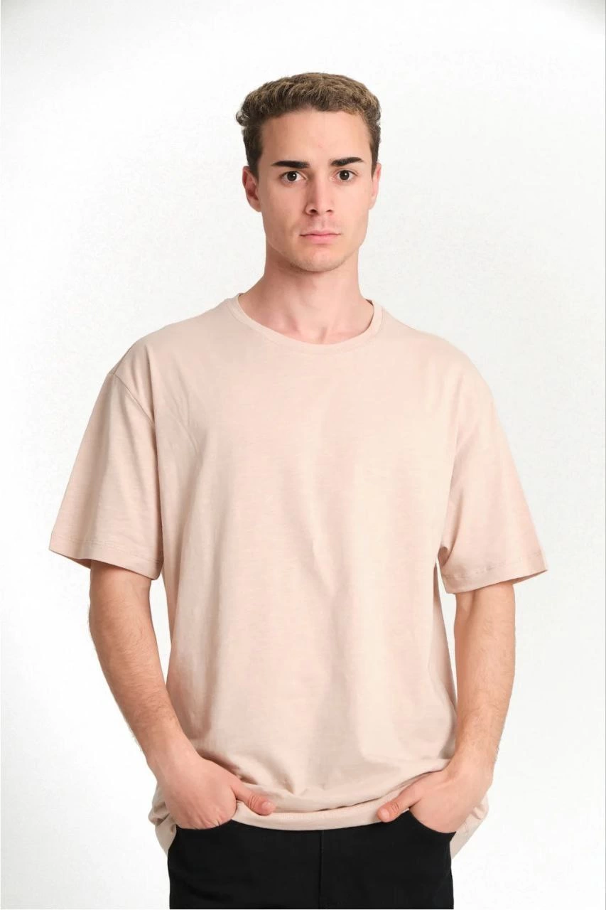 Erkek Düz Penye Tişört Bisiklet Yaka Kısa Kol Regular Fit T-Shirt - Bej - Image 4