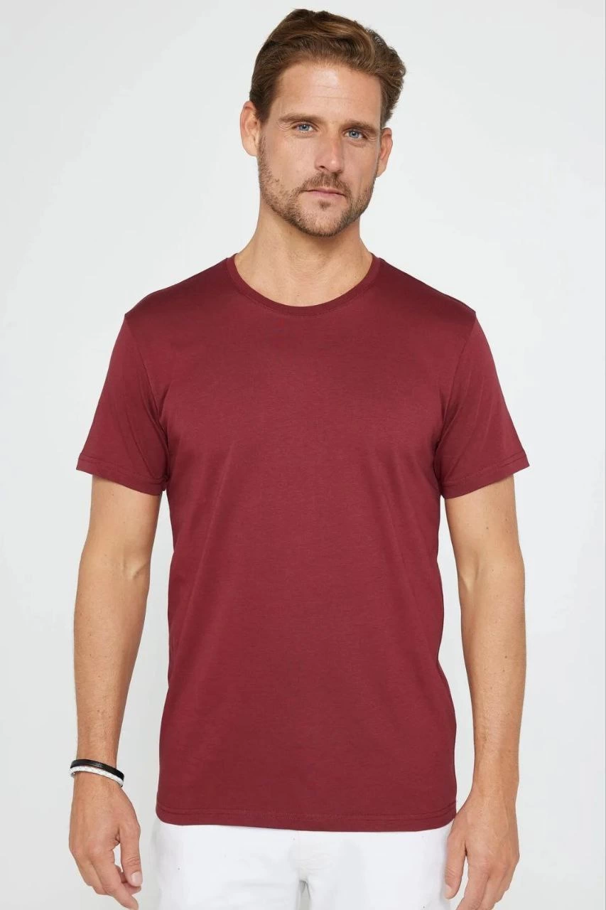 Erkek Düz Bisiklet Yaka Tişört Kısa Kol Yazlık T-Shirt – Bordo