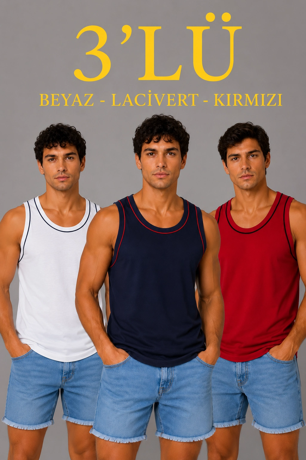 Erkek 3’lü Kolsuz Sporcu Atlet Seti Yazlık Bisiklet Yakalı – Lacivert, Kırmızı, Beyaz