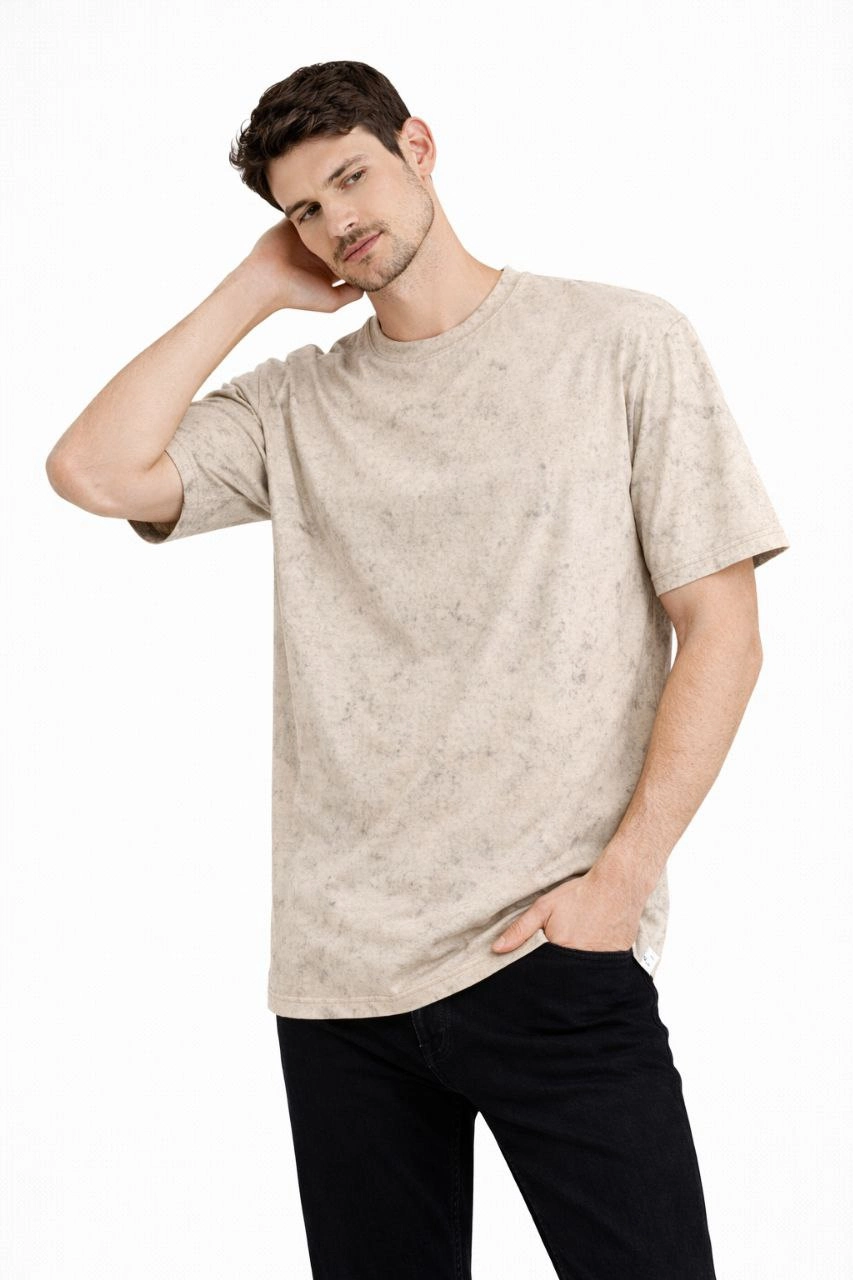 Erkek Asit Yıkama Bisiklet Yaka Kısa Kollu Oversize T-Shirt Tişört – Bej