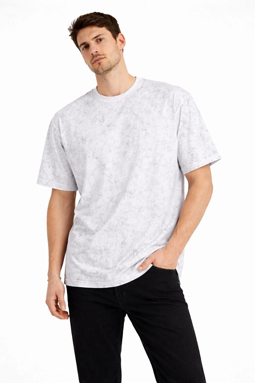Erkek Asit Yıkama Bisiklet Yaka Kısa Kollu Oversize T-Shirt Tişört – Beyaz