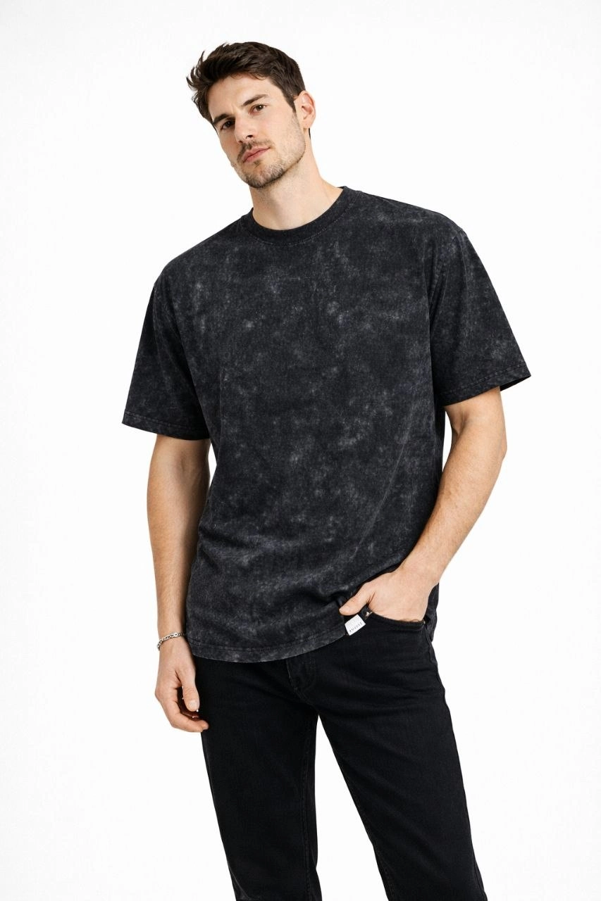 Erkek Asit Yıkama Bisiklet Yaka Kısa Kollu Oversize T-Shirt Tişört – Siyah