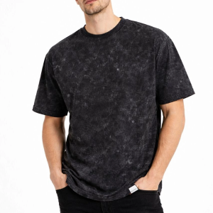 Erkek Asit Yıkama Bisiklet Yaka Kısa Kollu Oversize T-Shirt Tişört – Siyah