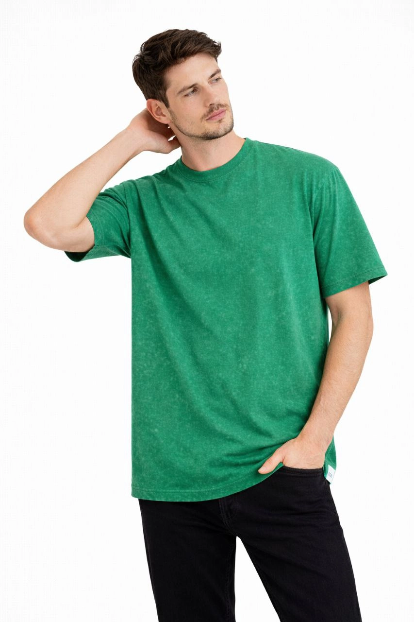 Erkek Asit Yıkama Bisiklet Yaka Kısa Kollu Oversize T-Shirt Tişört – Yeşil