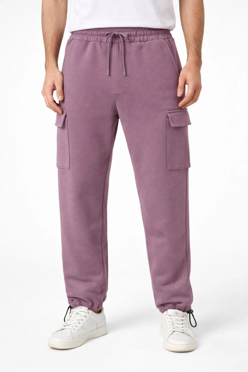 Erkek Baggy 3 İplik Kargo Cepli Eşofman Altı Ayarlanabilir Paça Pantolon – Gül Kurusu