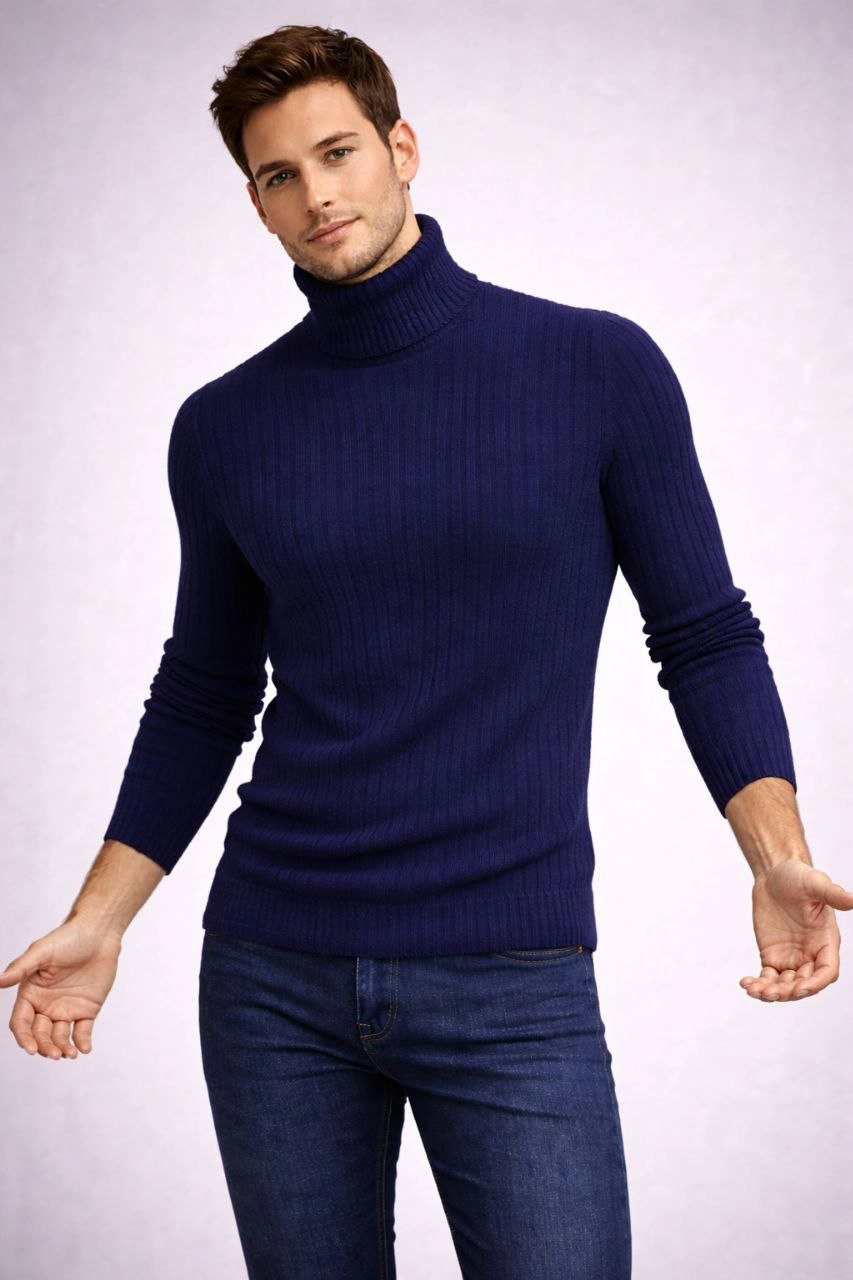 Erkek Balıkçı Yaka Boğazlı Triko Kazak Kalın Fitilli Regular Fit – Lacivert