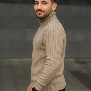 Erkek Tam Boğazlı Balıkçı Yaka Triko Kazak Kalın Fitilli – Bej