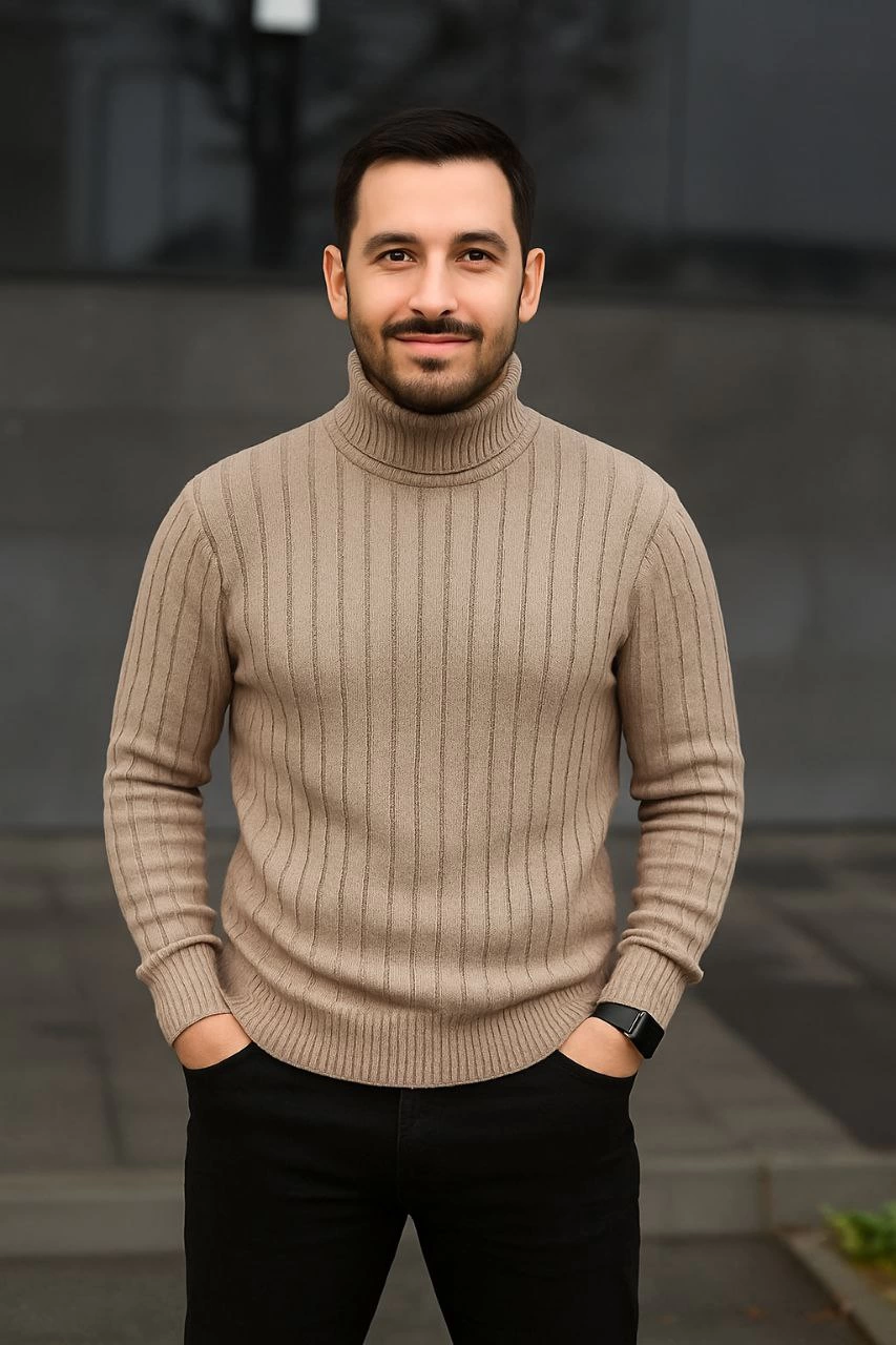 Erkek Tam Boğazlı Balıkçı Yaka Triko Kazak Kalın Fitilli – Bej