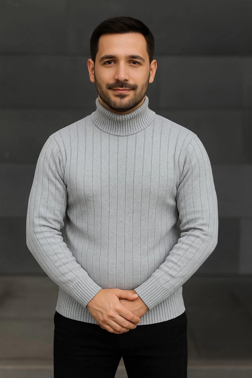 Erkek Tam Boğazlı Balıkçı Yaka Triko Kazak Kalın Fitilli – Gri