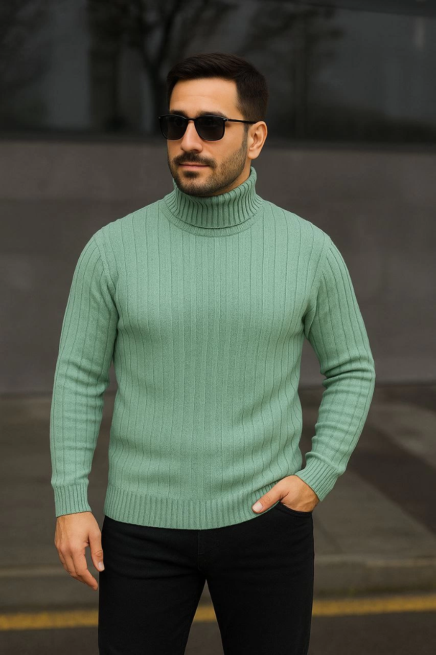 Erkek Tam Boğazlı Balıkçı Yaka Triko Kazak Kalın Fitilli – Mint Yeşili