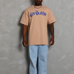 Erkek Baskılı Tişört Kısa Kol Bisiklet Yaka Oversize T-Shirt – Bej