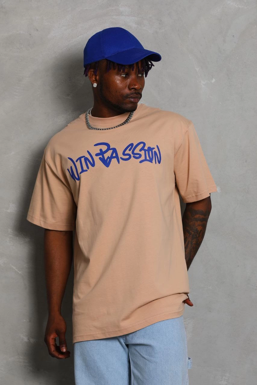 Erkek Baskılı Tişört Kısa Kol Bisiklet Yaka Oversize T-Shirt – Bej