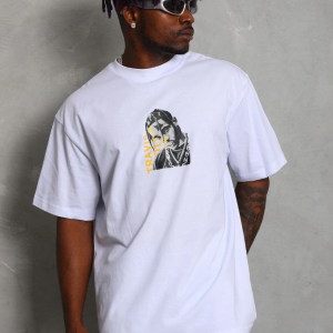 Erkek Baskılı Tişört Kısa Kol Bisiklet Yaka Oversize T-Shirt – Beyaz